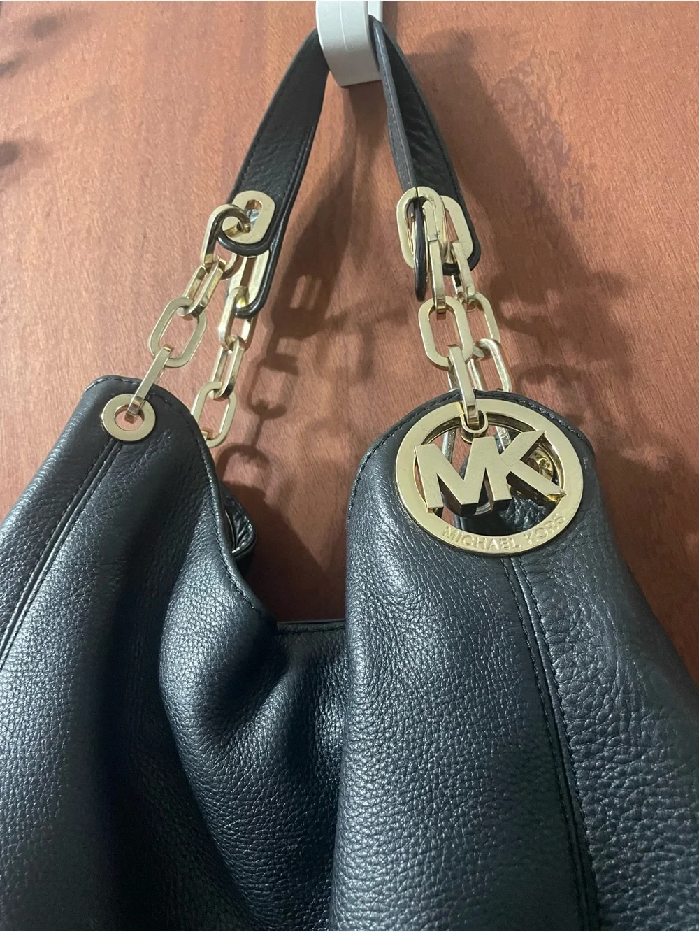 Wow! Michael Kors Black Leather Shoulder Hobo with Gold Logo Charm